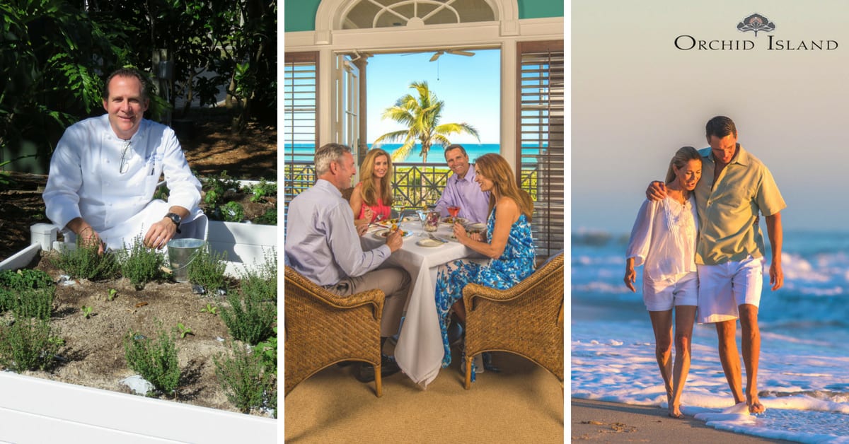 Three images, on the left is Orchid Island's premier Chef, in the middle, two couples enjoy some fine dining at the Beach Club, on right a couple takes a romantic stroll along the beach.