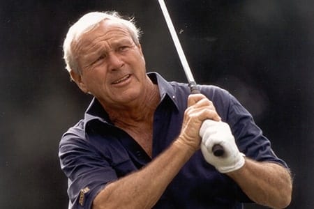 Arnold Palmer just post-swing at Orchid Island, looking into the distance.