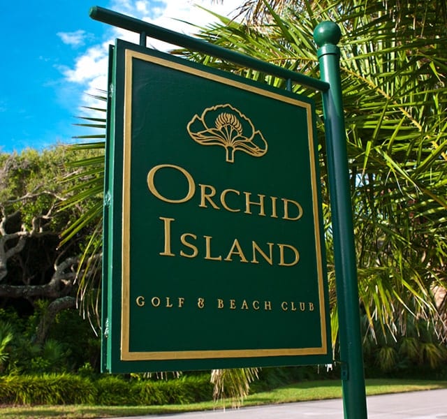 Orchid Island Green and Gold Entrance Sign