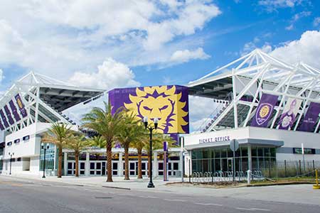 Orlando City Stadium with the Orlando Lions logo on the front