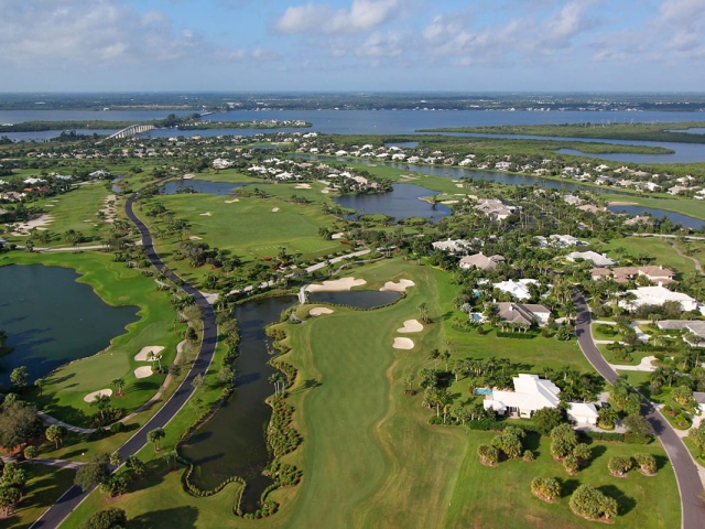 Orchid Island Golf Course view from above with bridge and ocean in the distance
