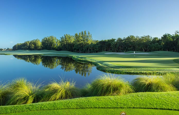 Lake and green of Orchid Island Golf Club Hole 13