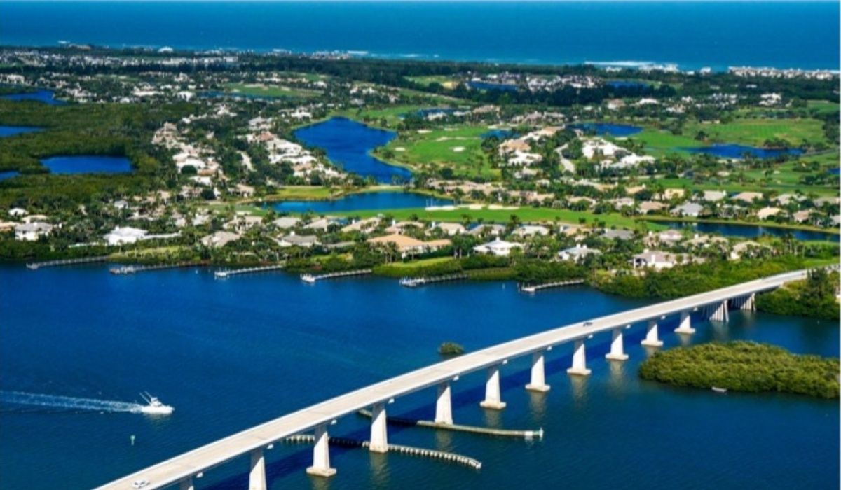 aerial shot of bridge to orchid island