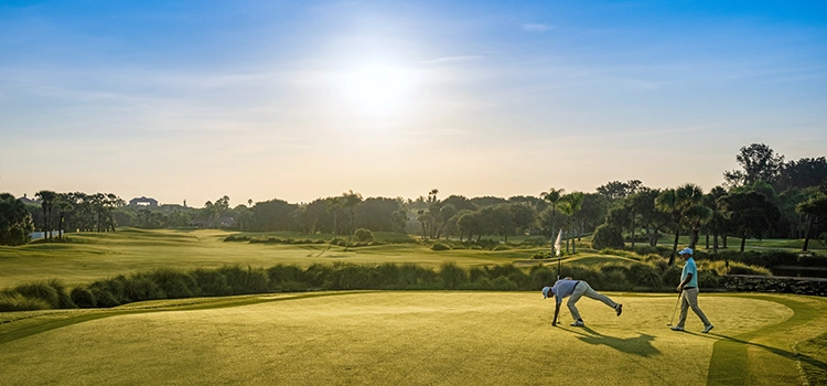 Golfers on a putting green at Orchid Island Golf Club during sunset in Vero Beach, Florida.