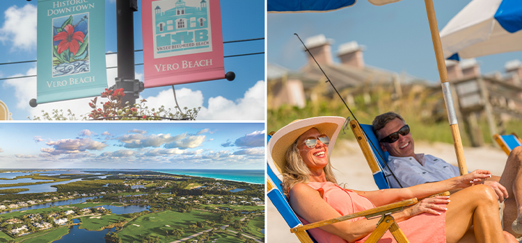 Collage showing downtown banners, golf aerial view, and couple on beach chairs.