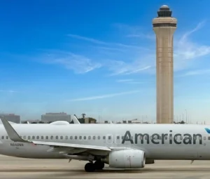 American Airlines airplane taxiing at Vero Beach Regional Airport near the control tower