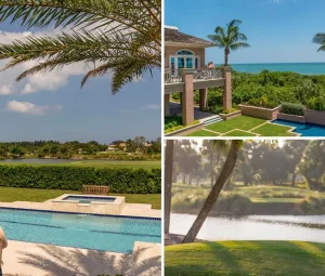 Resort collage showing a family at a pool, an oceanfront terrace with palm trees, and a woman golfing by a lake.