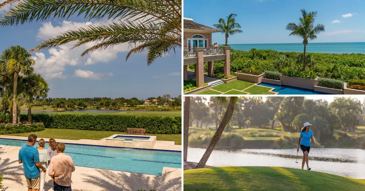 Resort collage showing a family at a pool, an oceanfront terrace with palm trees, and a woman golfing by a lake.
