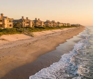 Orchidisland Shoreline Featured | Orchid Island Golf and Beach Club Luxury beachfront homes line a pristine stretch of sandy coastline at golden hour, with gentle waves lapping the shore in this coastal real estate paradise.