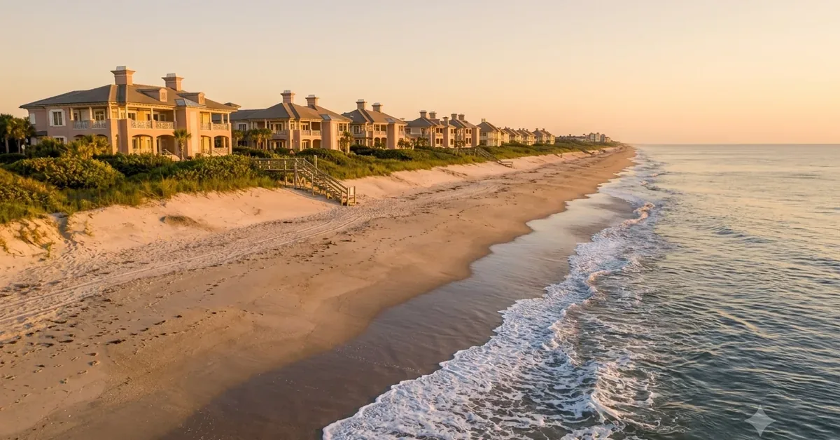Luxury beachfront homes line a pristine stretch of sandy coastline at golden hour, with gentle waves lapping the shore in this coastal real estate paradise.
